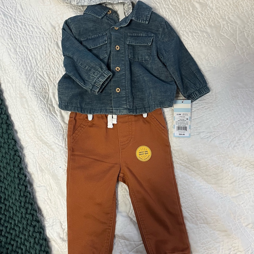 Hooded Denim Jacket and Brown Pants Set